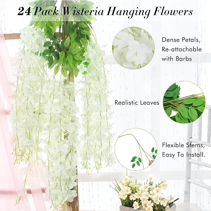 24 Pack Wisteria Hanging Flowers, 3.6 Feet/Pcs White Wisteria Artificial Flowers, Fake Flowers Garland, Hanging Vines for Bedroom Wedding Home Party Wall Decoration