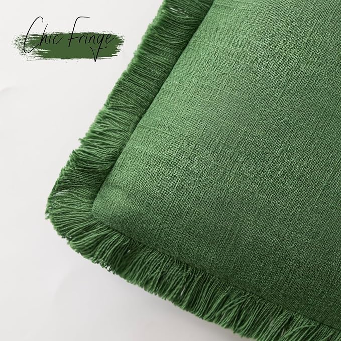 Foindtower Set of 2 Decorative Linen Fringe Throw Pillow Covers Cozy Boho Farmhouse Cushion Cover with Tassels Soft Accent Pillowcase for Couch Sofa Bed Living Room Home Decor,20×20 Inch,Forest Green