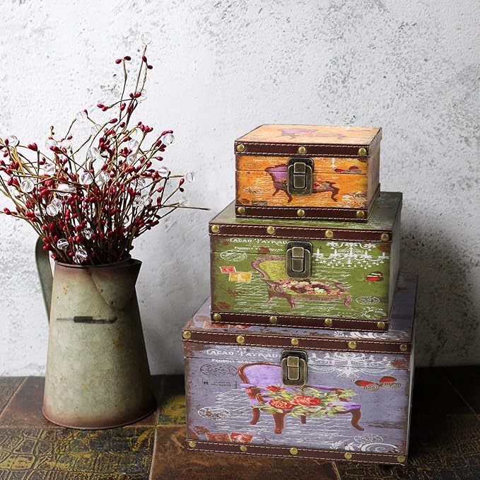 Jolitac Wood Storage Box Set of 3, Vintage Decorative Nesting Boxes Wooden Treasure Storage Crates With Latch, Home Decor Rustic Antique Boxes With Lid for Photos, Jewelry, Cash (Chair)