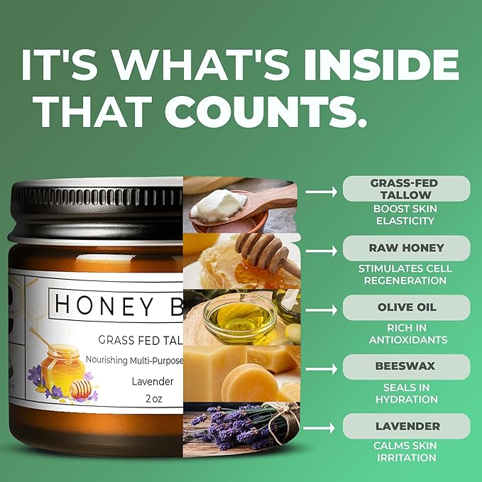 Tallow Honey Balm, Organic Body Butter, Grass-Fed Beef Tallow for Skin, Soothing All-Natural Moisturizer for Body and Face | Made in USA - 2 oz (Lavender)