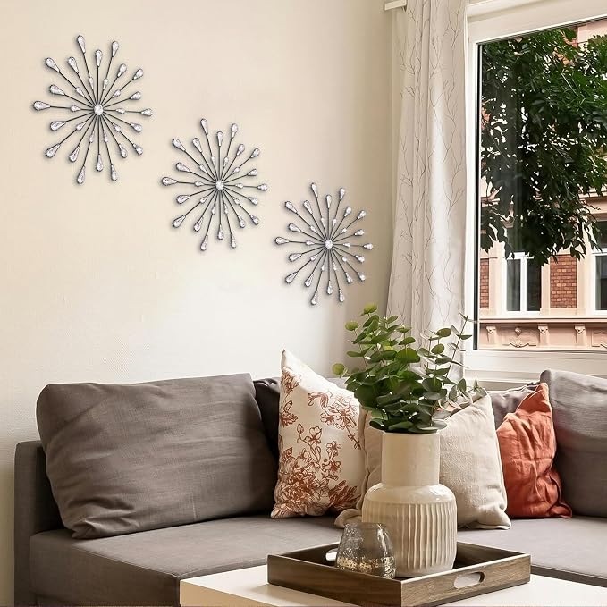 ZEXUIRU 3 Set Black Starburst Wall Art for Home Decor Metal Bling Crystal Rhinestones Sunburst Wall Decor Sparkling Rhinestone Art Accent Black - 13in