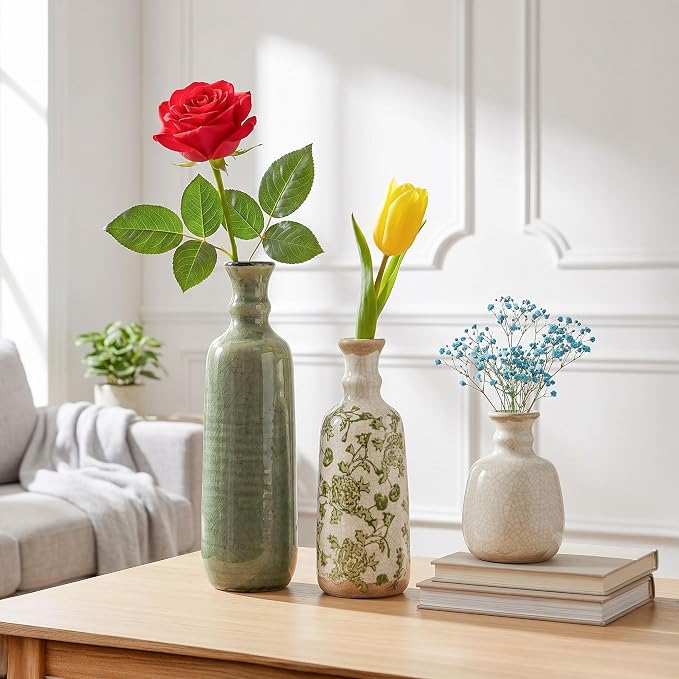 Ceramic Vase Set, 3Pcs Flower Vases for Modern Boho Farmhouse Decor, Decorative Vases for Pampas Grass & Dried Flowers, Distressed Finish