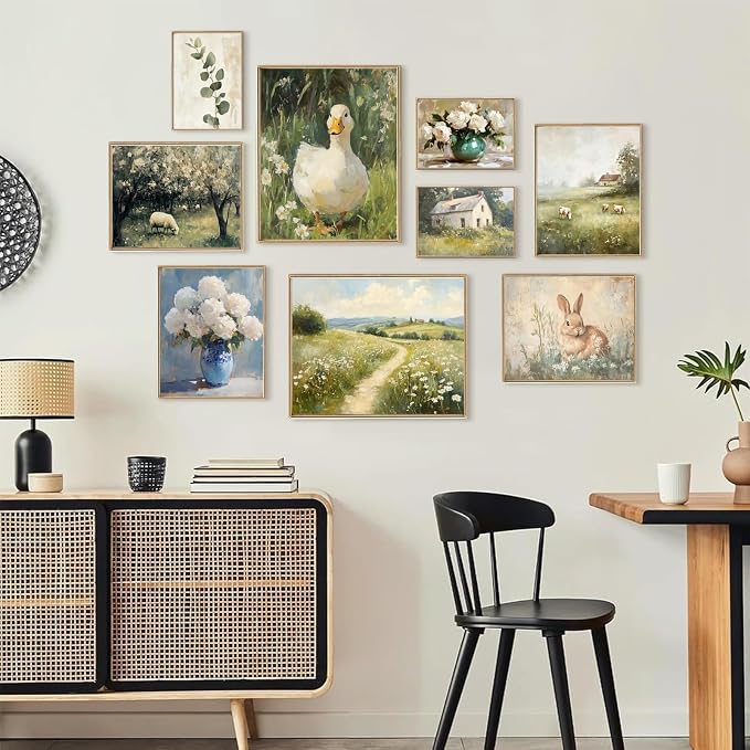 KBKBART 9pcs French Decor For Home - Country French Wall Art Posters, Easter Bunny Goose Pictures,Vintage Art Gallery Wall Prints Landscape Painting For Bedroom Decor(Unframed)