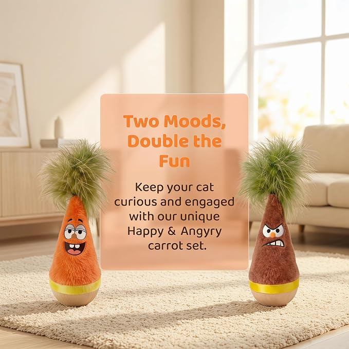 Wooden Wobble Cat Toy, Natural Beechwood Self-Righting Tumbler – 2-Pack Angry & Happy Carrot Kicker, Interactive Silent Cat Toy for Indoor Cats, Battery-Free Plush, Aesthetic Home Decor Gift