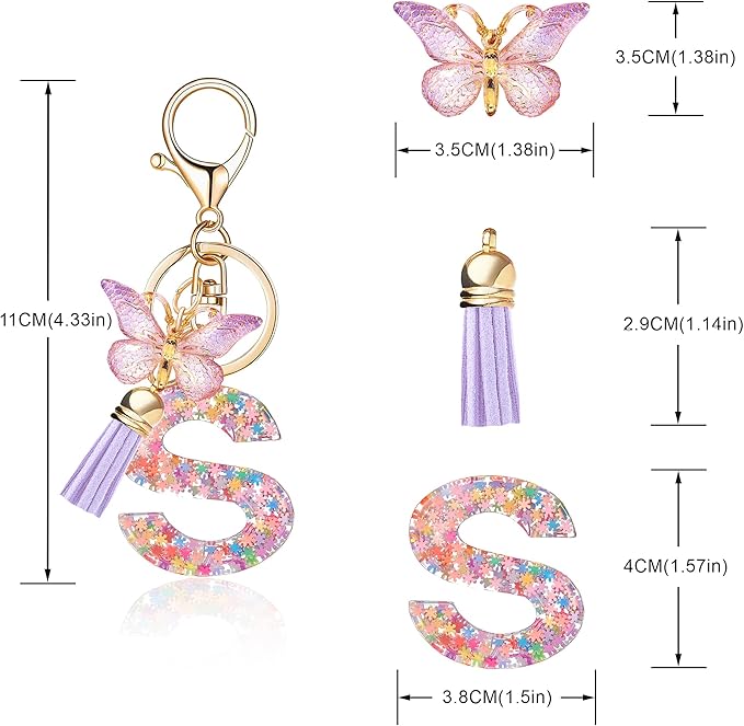 Fashion Alphabet Initial Letter Keychain Tassel Butterfly Pendant Key Ring for Purse Handbags Women Girl