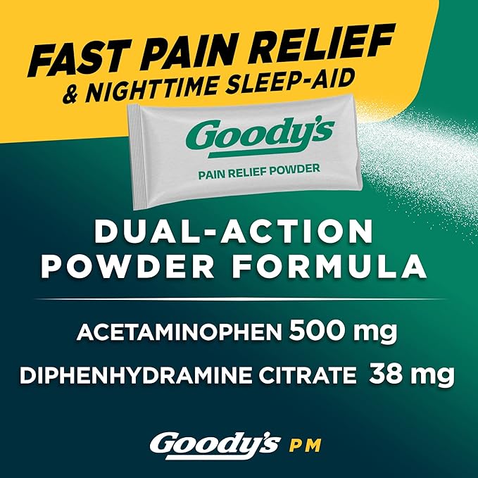 Goody's Nighttime Powder, Pain Reliever & Sleep Aid with Acetaminophen & Diphenhydramine Citrate, Caffeine Free, 6 Count, Pack of 12