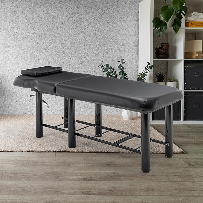 Professional Massage Bed 73 Inch, Treatment Table Salon Bed with Removable Headrest, Stationary Physical Therapy Table Spa Facial with Adjustable Backrest, Steel Frame, Black
