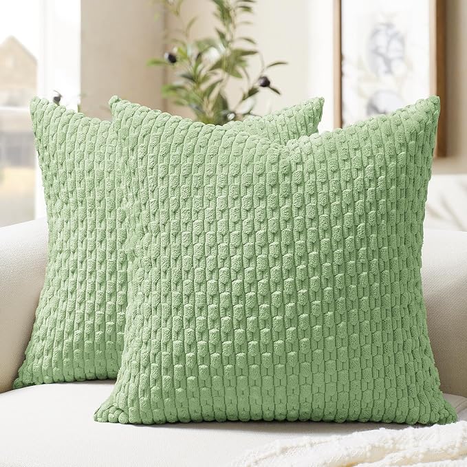 Softalker Corduroy Decorative Throw Pillow Covers 18x18, 2 Pack, Sage Green | Soft Boho Striped Pillow Cases, Couch Fluffy Cushion Covers for Farmhouse Home Decor Bed Living Room