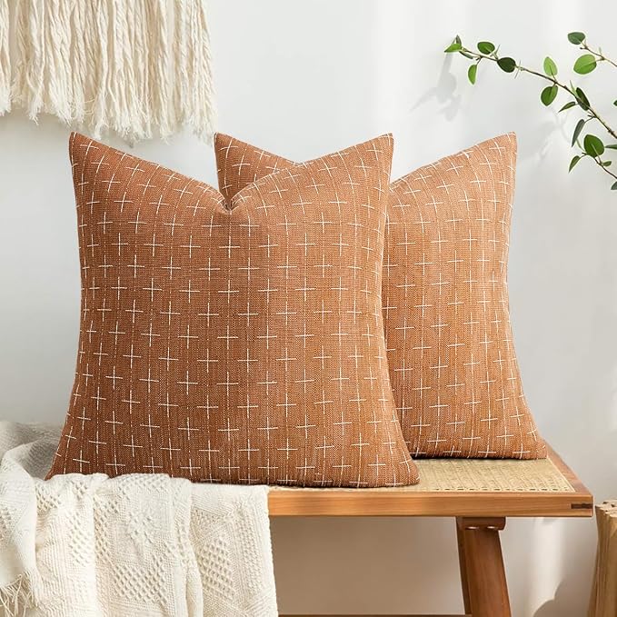 MIULEE Pack of 2 Decorative Burlap Linen Throw Pillow Covers Farmhouse Pillowcases Modern Rustic Woven Textured Cushion Cover for Sofa Couch Bed 18x18 Inch Brick
