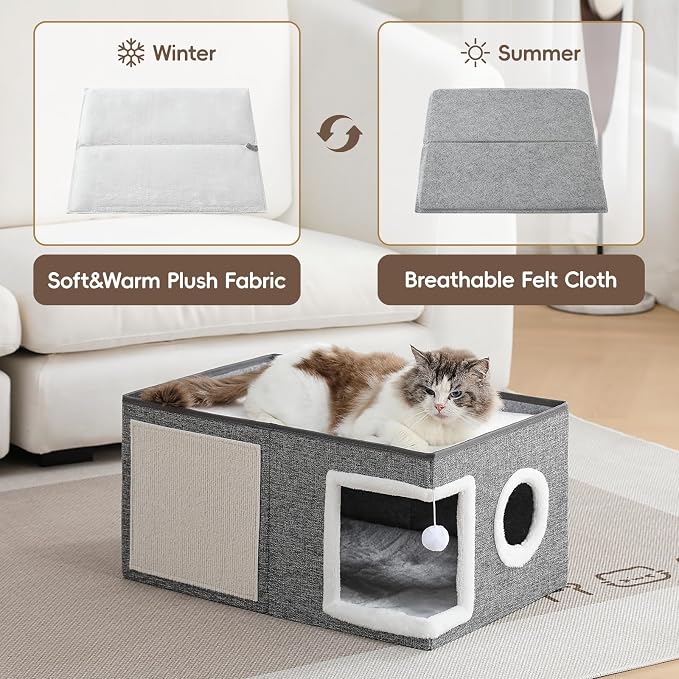 Extra-Wide Cat Houses for Indoor Cats, Large Cat Cave Bed with Fluffy Ball and Scratch Pad, Foldable Covered Kitten Bed for Multiple Cats, 23.6x16x13 inches, Grey