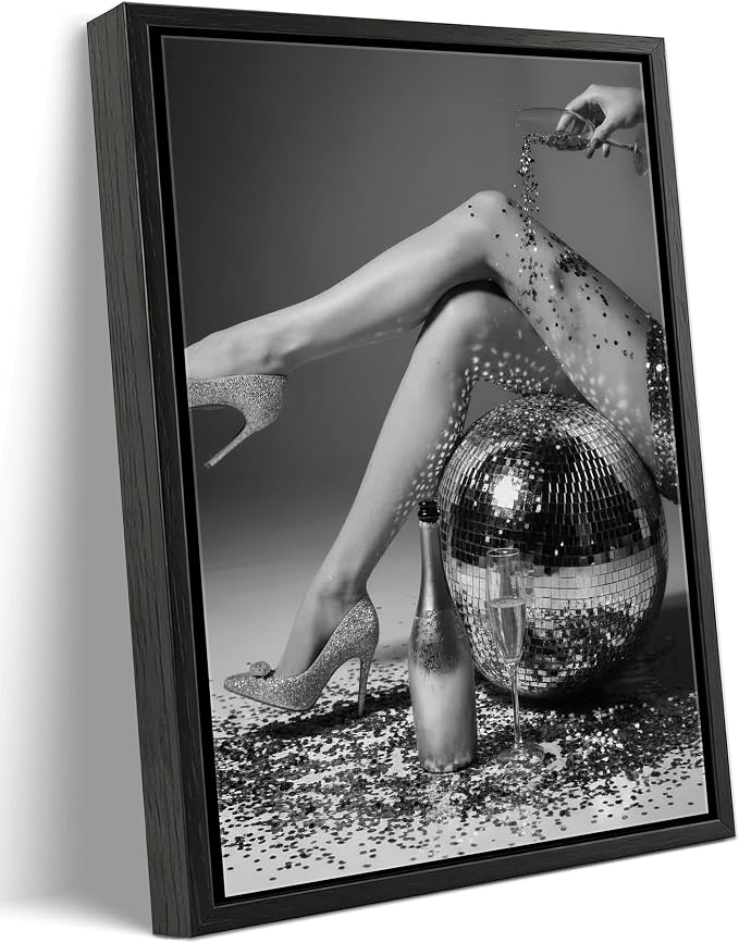 Framed Black and White Fashion Canvas Wall Art Trendy Women Disco Ball High Heels Wine Glass Picture Wall Decor Luxury Feminist Poster Print for Girl Bedroom Bar Cart Dorm Home Decoration 12x16in