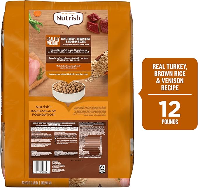 Nutrish Healthy Weight Dry Dog Food, 12 lb. Bag (Rachael Ray) | Turkey, Brown Rice & Venison Recipe, Made With L-Carnitine to Help Support a Healthy Metabolism, No Artificial Flavors