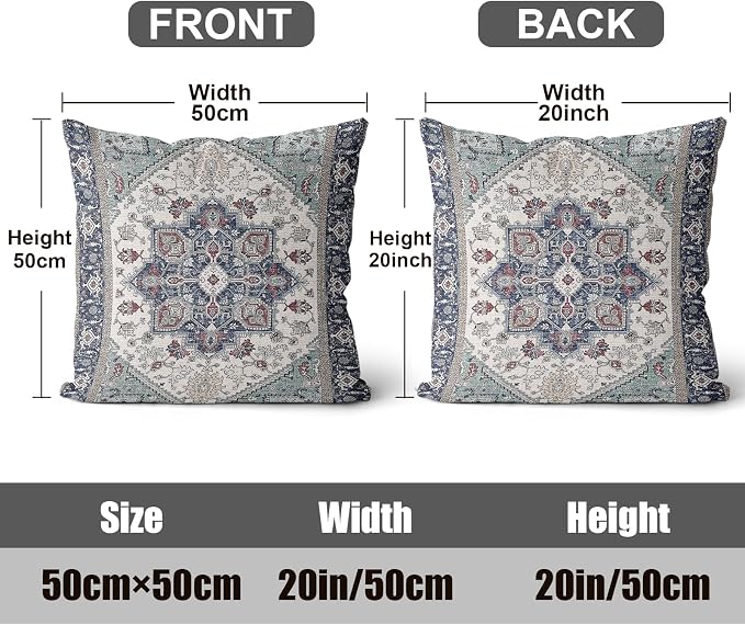 Boho Throw Pillow Covers 20x20 inch Set of 2,Soft Pillowcases Bohemia Carpet Printing Pattern Decorative Sofa Living Room Bed Square Pillow Case Cushion Cover-Blue Cyan
