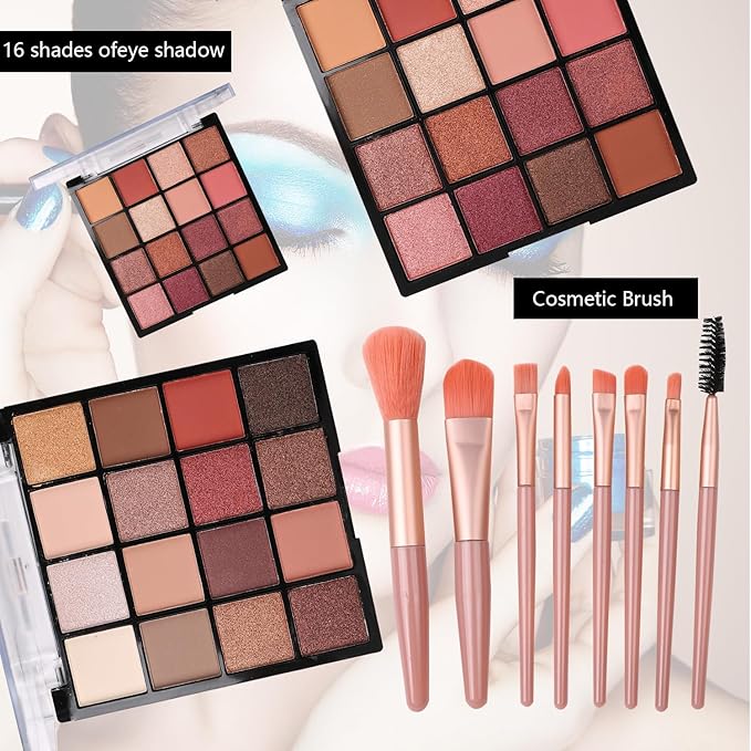 All in One Makeup Kit for Teen Girls - 2X16 Colors Eyeshadow, Liquid Foundation, Eyeliner Pencils, Contouring Stick, Lip Gloss, Eyebrow Pencils & 8pcs Makeup Brushes (Pink)