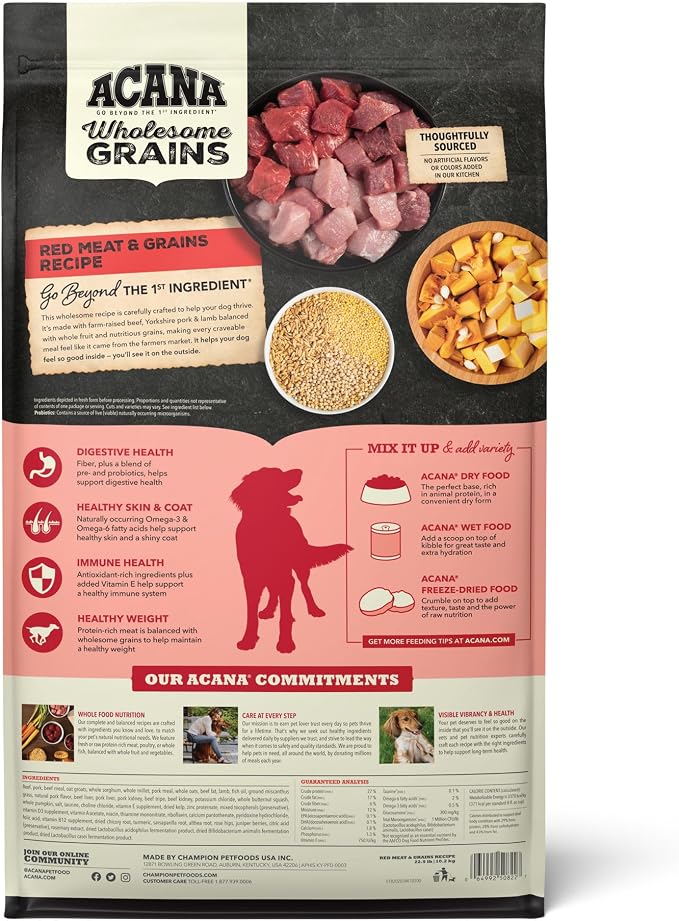 ACANA Wholesome Grains Dry Dog Food Red Meat & Grains 22.5lb Bag | Gluten Free, High Protein, Made in the USA, Includes Probiotics, Omega-3 Fatty Acids, Global Quality Ingredients