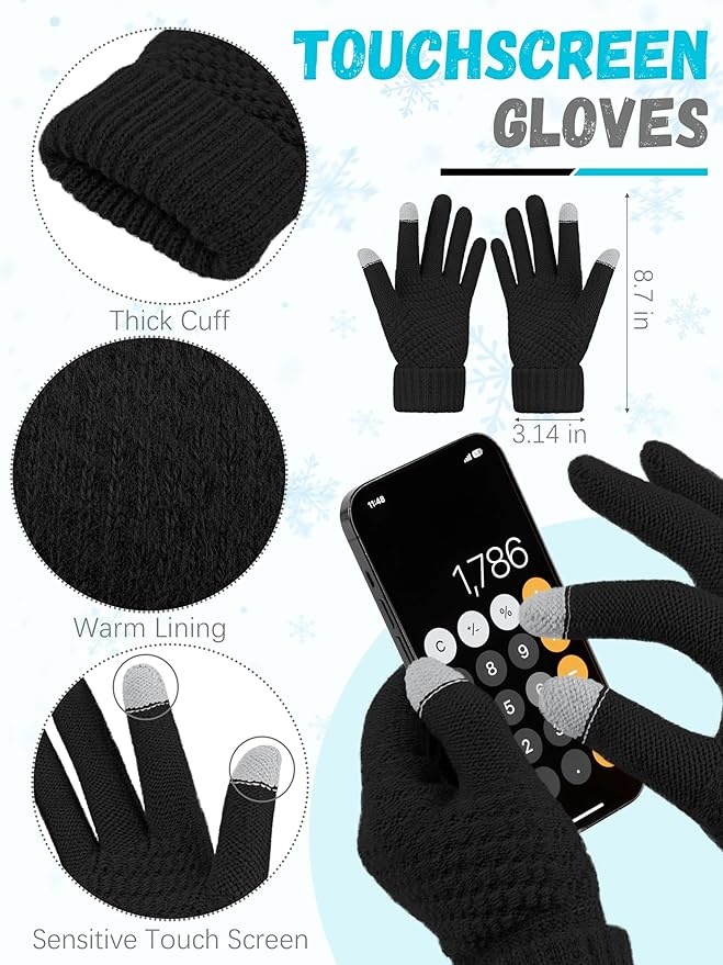 Winter Hat Scarf Gloves and Ear Warmer, Warm Knit Beanie Hat Touch Screen Gloves Set Winter Gifts Neck Scarves for Women