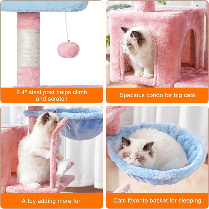 Heybly Cat Tree with Toy, 43.3 inch Cat Tower condo for Indoor Cats, Cat House with Padded Plush Perch, Cozy Hammock and Sisal Scratching Posts, Blue and Pink HCT004SBP