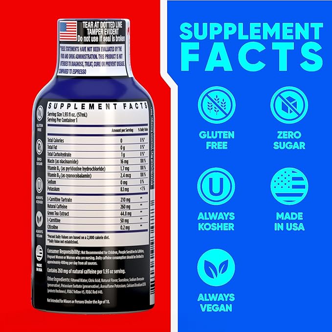 Vitamin Energy Immune+ Extra Strength Energy Shot Blue Raspberry 8 Pack, 260mg Natural Caffeine, B-Vitamins, Citicoline, Green Tea, Immunity & Focus Support, Zero Sugar, Gluten-Free 1.93 fl oz