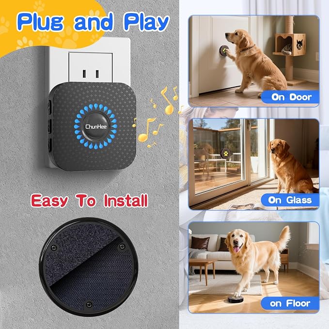 Dog Door Bell for Potty Training, IP55 Waterproof, 55 Ringtones, 0-115dB | Touch-Activated Wireless Dog Bell Helps Puppies Signal Outside, 5 Volume Levels and Waterproof Button for Indoor/Outdoor Use