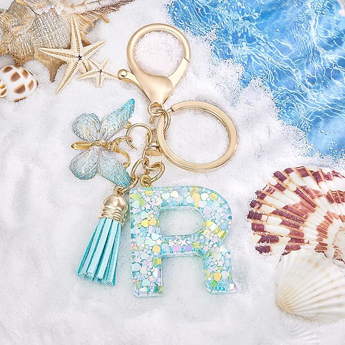 Fashion Alphabet Initial Letter Keychain Tassel Butterfly Pendant Key Ring for Purse Handbags Women Girl