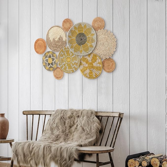 Tatuo 11 Pcs Boho Wall Basket Decor Bulrush Woven Wall Hanging Art Round Farmhouse Rustic Handmade Wicker for Summer Home, Bedroom, Living Room, Kitchen Decorations, Multi Sizes(Lively)