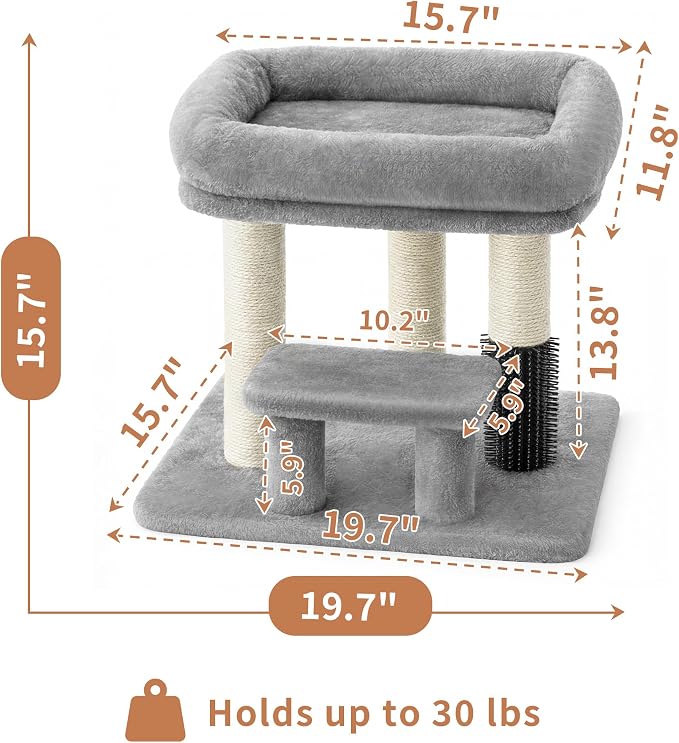 Heybly Cat Scratching Post with Grooming Brush & Gentle Step, HSP001SW | Small Cat Tree with 4 Full Sisal Posts, Removable Plush Bed, Stable & Space-Saving Cat Furniture for Indoor Cats, Light Gray