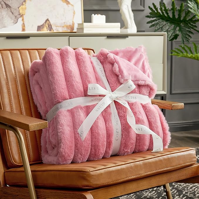 Cozy Bliss Faux Fur Throw Blanket for Couch, Cozy Warm Plush Striped Blanket for Sofa Bedroom Living Room, 60 * 80 Inches Hot Pink