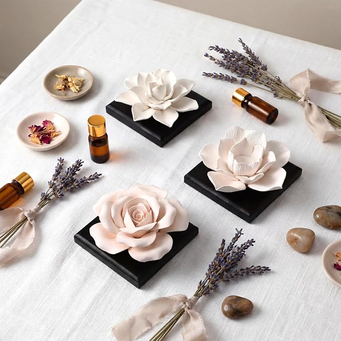 3 Pcs Passive Essential Oil Diffuser Stone Set, Magnolia Lotus Rose Flower Passive Diffusers with Wood Base for Car, Desk, Bedroom, Home Decor Gift, No Essential Oil(Black)