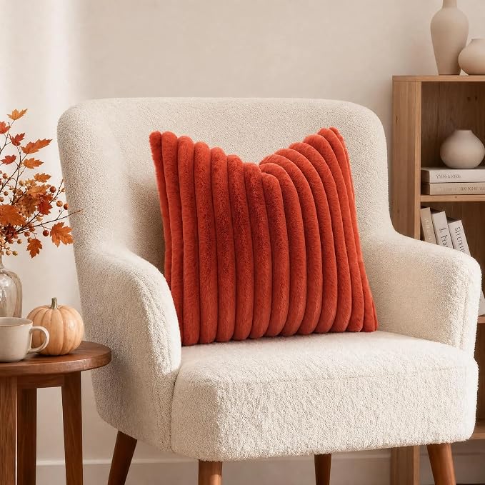 decorUhome Fall Faux Fur Throw Pillow Covers 20x20 Set of 2 Rust | Decorative Soft Cozy Striped Plush Modern Farmhouse Boho Couch Pillow Cases Velvet Back for Sofa Bed Living Room Home Decor