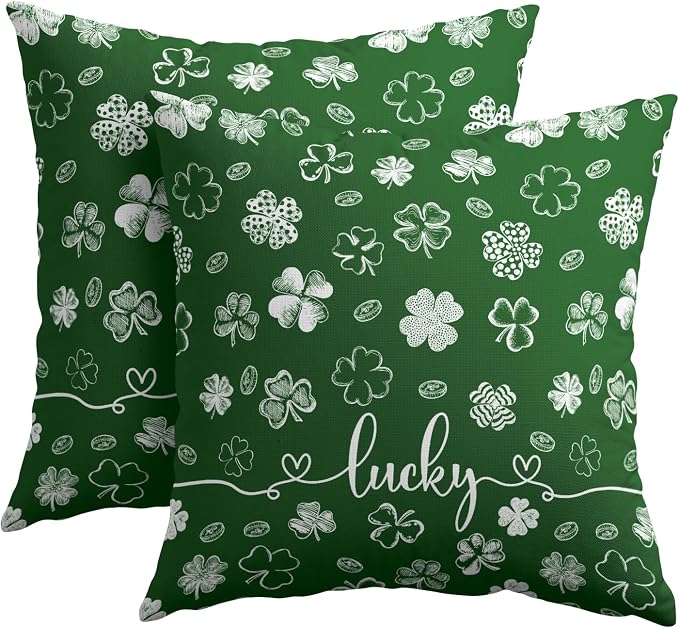 Kawani St Patricks Day Pillow Covers Set of 2, 22x22 Inch Green Shamrock Clover Irish Lucky Leaves Cotton Linen Holiday Cushion Pillowcases for Couch Sofa Bedroom Livingroom Home Decor