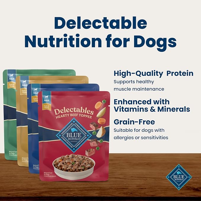 Blue Buffalo Delectables Variety Pack Dog Food Topper, 3 oz, 24 ct | Chicken, Beef, Turkey & Lamb Recipes, Real Meat with Garden Veggies in Gravy, Single-Serve Pouches