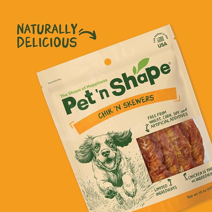 Pet 'n Shape Chik 'n Skewers - Chicken Wrapped Rawhide Chew Dog Treats - 1 Pound | Premium chicken breast, Limited ingredients, Wheat and soy free, Everyday reward, For all life stages, High-protein snack