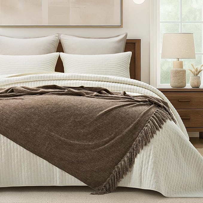 Chenille Knit Throw Blanket for Couch, 60"x80", Mocha Brown | Cozy Plush Fuzzy Knittd Throw with Tassels, Lightweight, Decorative, Farmhouse Decor, Ideal for Bed Sofa Gift, All Seasons