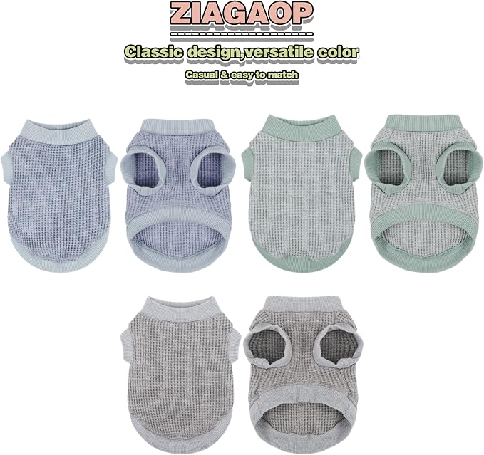 3 Pack Nylon Waffle Dog Shirts for Small Dogs, Lightweight Breathable Pet Sweatshirt, Warm Soft Puppy Clothes Outfit for Indoor Outdoor Dog Cat Apparel.Green Blue Gray S