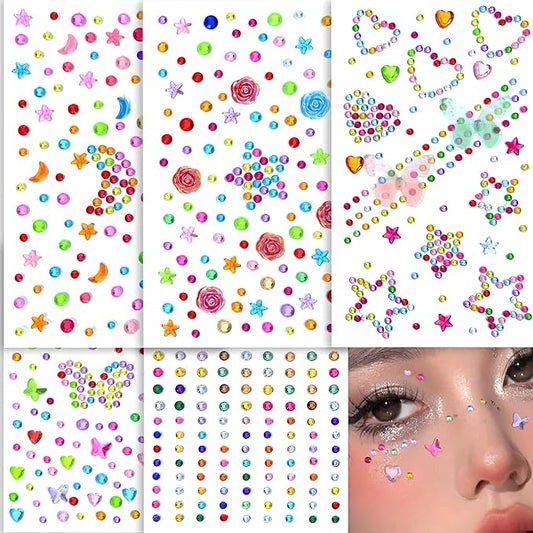 SAOROPEB 5 Sheets Face Gems Face Jewels Stickers, Self Adhesive Eye Body Face Nail Crystal Rhinestones Rainbow for Women Festival Accessory and Nail Art Decorations