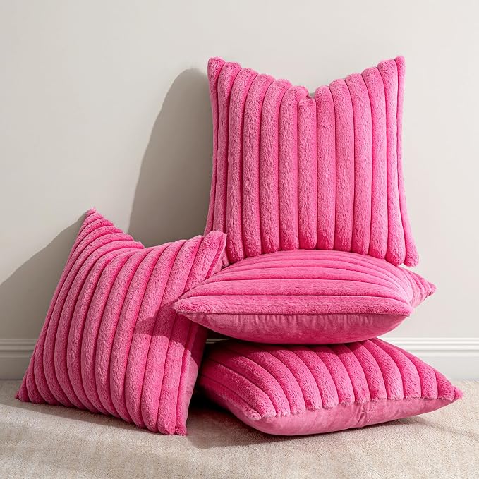 MIULEE Faux Fur Plush Decorative Throw Pillow Covers 18x18, Hot Pink | Set of 4, Striped, Soft Romantic Modern Home Decor, Cushion Cases for Sofa Couch Bed Living Room