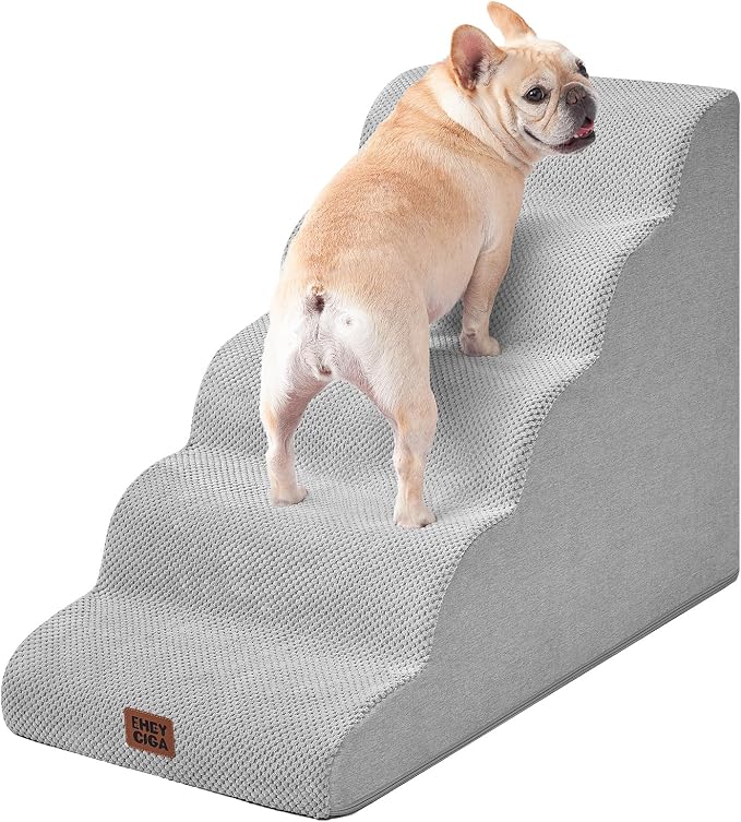 EHEYCIGA Curved Dog Stairs Ramp, 5-Step Extra Wide High Beds, Dog Steps | 33D density of pure foam, for Small Dogs and Cats, Pet Stairs for High Bed Climbing, Non-Slip Balanced Indoor, Light Grey