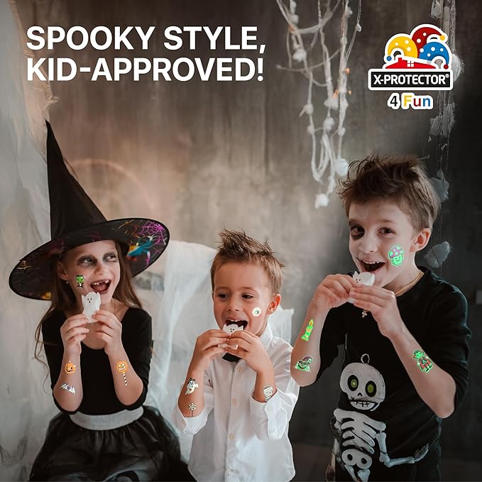 X-Protector Halloween Tattoos for Kids - Giant Pack of Temporary Tattoos - Fake Halloween Tattoos Gifts - Glow in the Dark Spooky Party Favors - Bulk Halloween Goody Bag Fillers!