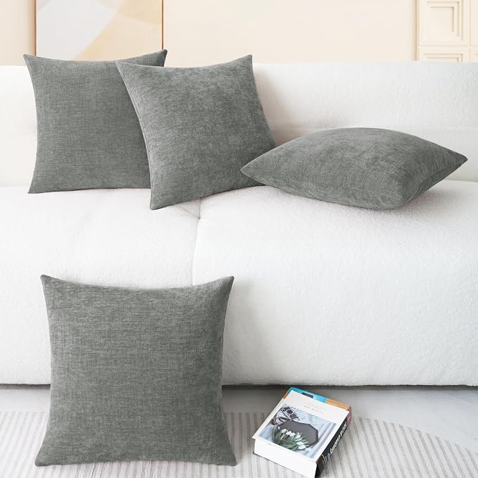 CaliTime Decorative Couch Throw Pillow Covers 18 X 18 Inches Medium Grey | Pack of 4, Cozy Chenille Cushion Cases for Sofa Bed Living Room Farmhouse Home