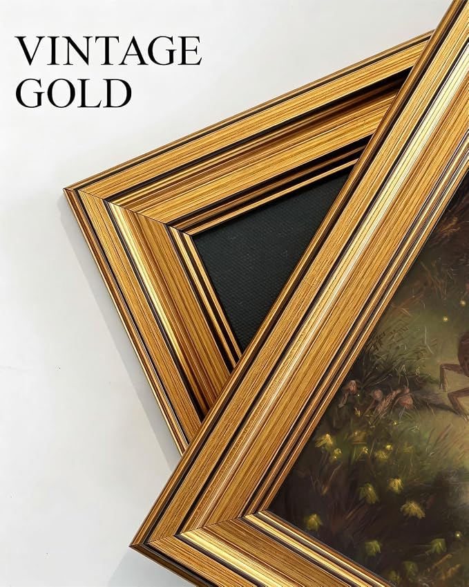 Gold Framed Wall Art, Vintage Whimsical Dancing Frogs Canvas Prints, Moonlight Woodland Animal Picture Wall Decor, Dark Academia Cottagecore Forest Artwork for Nursery Bedroom 12x16 inch