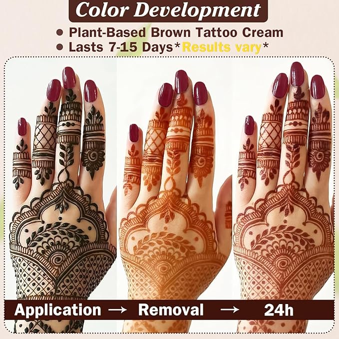 Brown Temporary Tattoo Kit,Temporary Tattoos Stencils Kit (3pcs Brown tattoo cones 4 Reusable Templates 1Pcs Tattoo Outline Pen)， Waterproof,DIY Body Art for Women Men