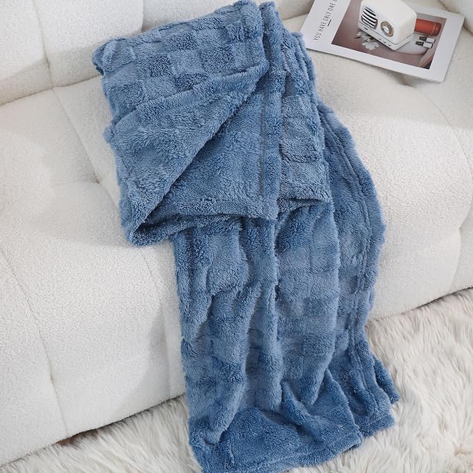 Dusty Blue Fleece Throw Blanket 90”×90”Checkered Design for Couch | Super Soft Cozy Plush Microfiber 3D Square Pattern Flannel Blanket for Sofa Bed Lightweight for Adults,Women