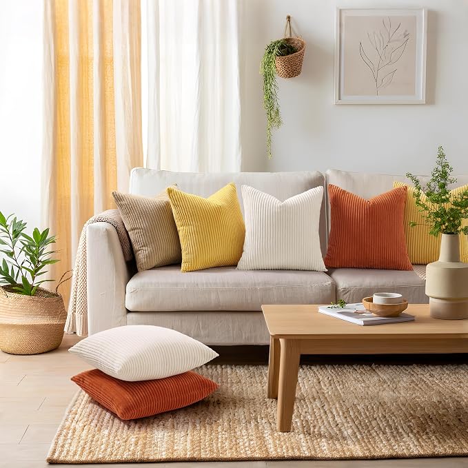 Mecatny Corduroy Fall Throw Pillow Covers 24x24 Set of 2 Mustard Yellow | Soft Striped Texture, Hidden Zipper Design, Neutral Boho Square Pillow Cases for Sofa Couch Living Room Bedroom, Home Décor