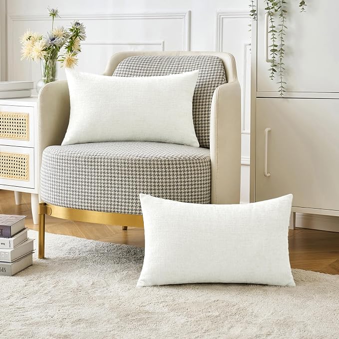 MIULEE Soft Chenille Lumbar Throw Pillow Covers White 12x20 Inch Pack of 2 | Modern Home Decor, Classic Decorative Pillows, Solid Dyed Cases, Boho Couch Cushion Covers for Sofa Bed Living Room