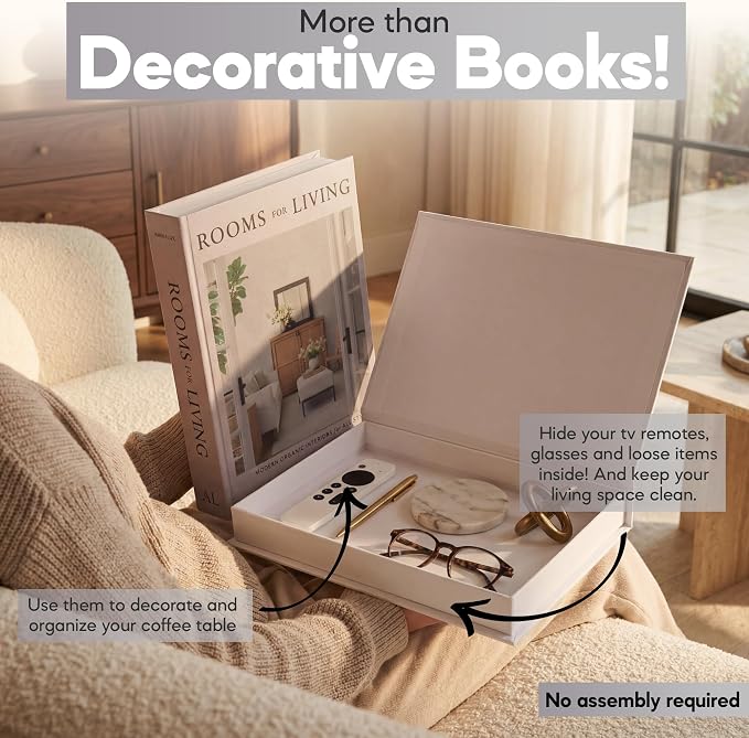 Decorative Books for Home Decor with Storage – Set of 2 Faux Linen Book Boxes with Aesthetic Covers – Enhance Your Coffee Table, Bookshelf Decor – Hidden Storage for Photos, Keepsakes, and Jewelry