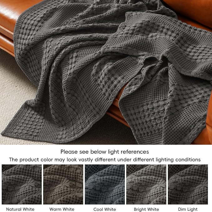 PHF 100% Cotton Waffle Weave Blanket Queen Size, Lightweight Breathable Summer Blanket for Hot Sleepers, Pre-Washed Soft Layer for Bed, Couch, Aesthetic Home Decor & Gift, 90"x90", Charcoal