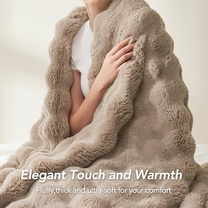 L'AGRATY Faux Rabbit Fur Throw Blanket for Couch, 90'' x 90'', Light Linen | Soft Cozy Bubble Fluffy Blanket for Sofa Bed, Thick Warm Plush Fuzzy Throw for Room Home Decor, Luxury Gift for Women Mom
