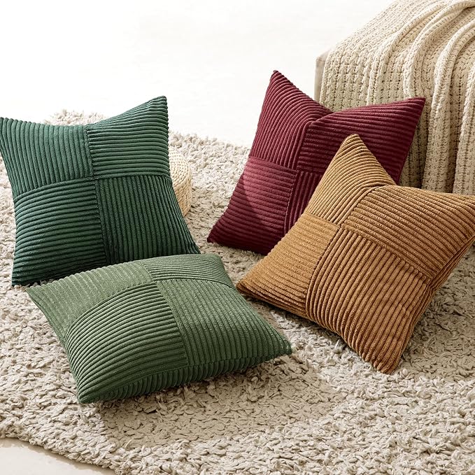 MIULEE Boho Christmas Green Decorative Throw Pillow Covers 20x20 Set of 4 Farmhouse Cushion Covers Color-Clash Corduroy Pillow Cases Modern Soft Corduroy Patchwork Home Decor for Couch Sofa Bedroom