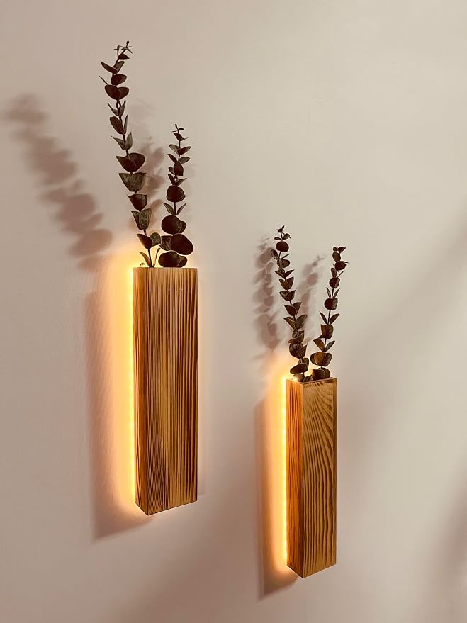 Artificial Eucalyptus with LED Lights Wall Planters Rustic Wall Decor with Lights Wall Sconces Fake Vines for Room Decor Home Bedroom Living Room Bathroom Hanging Vase (Natural)