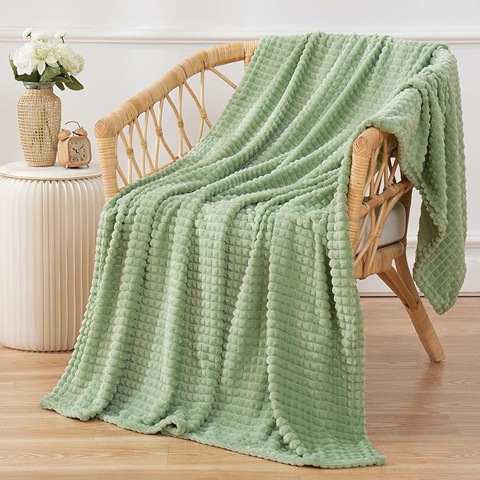 Puncuntex Fleece Throw Blanket Sage Green 50"×60" with Square Grid Design | Super Soft Plush Cozy Flannel Throw Blanket Luxury for Couch Sofa Chair